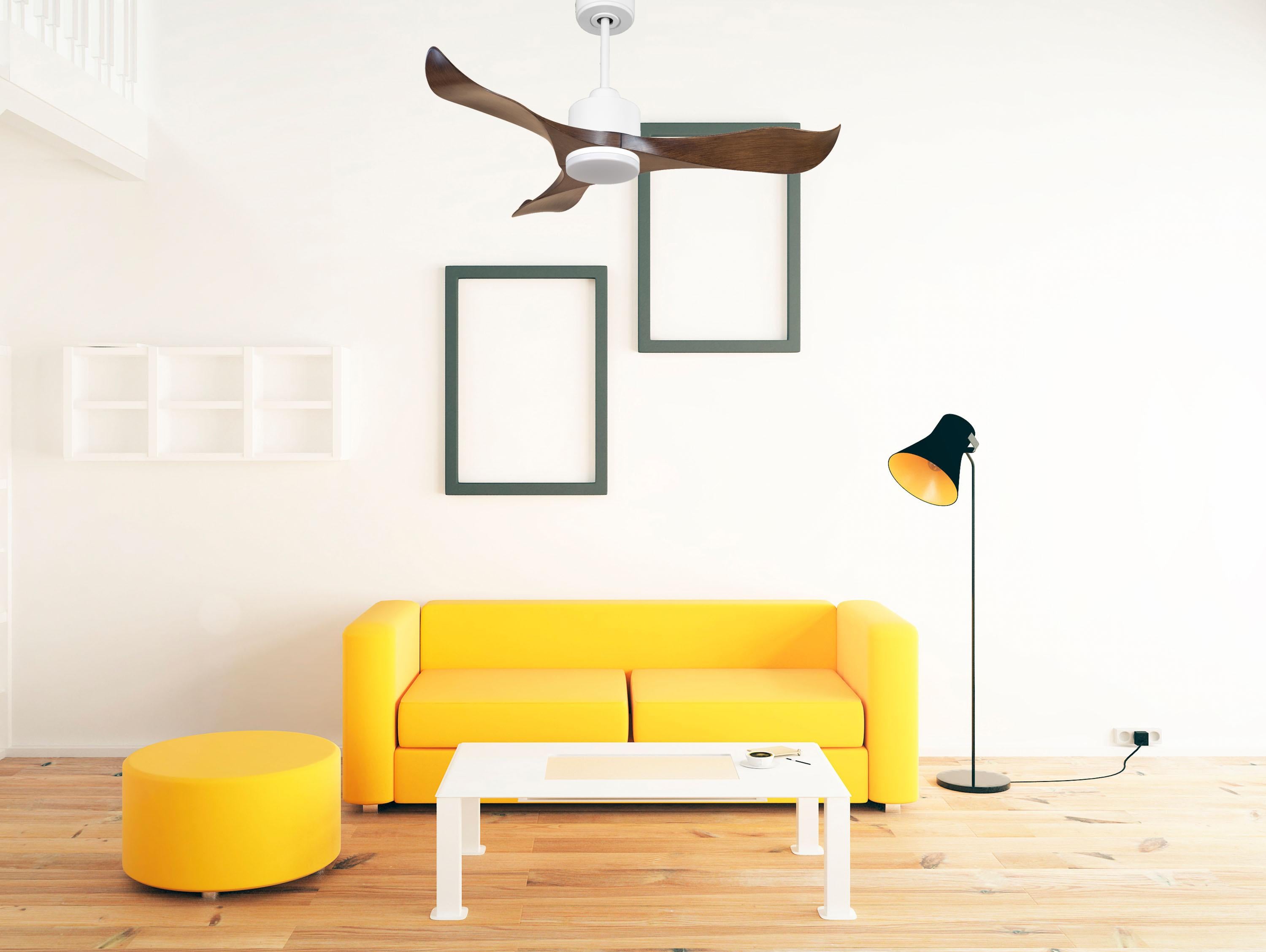 Ventilatore da soffitto Reversibile Termostato Dimmabile Wifi Motore CC Tetti inclinati Telecomando Luce a tre toni Adattatore 2/3 lame Hypersilence Memoria