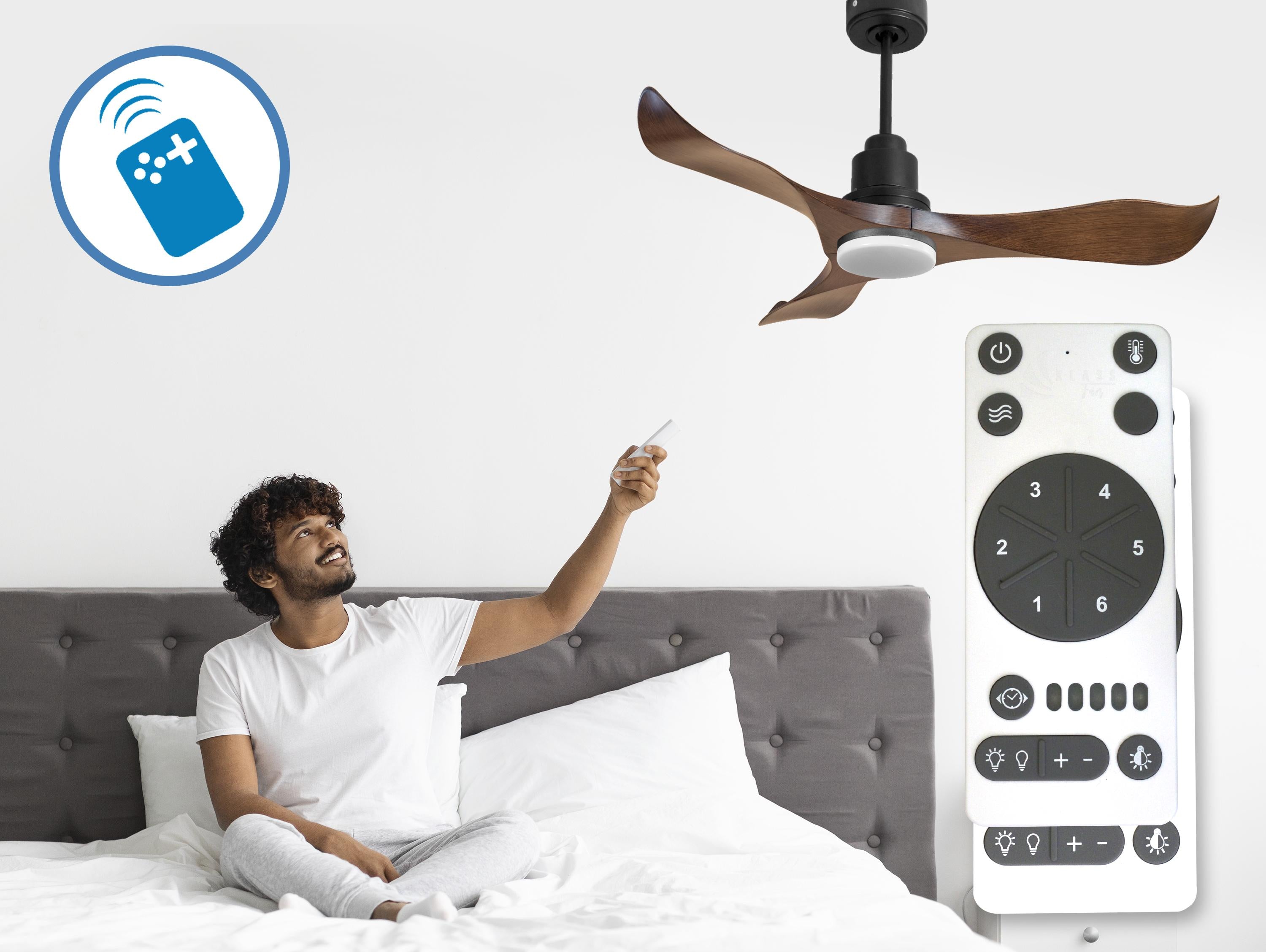 Ventilatore da soffitto Reversibile Termostato Dimmabile Wifi Motore CC Tetti inclinati Telecomando Luce a tre toni Adattatore 2/3 lame Hypersilence Memoria