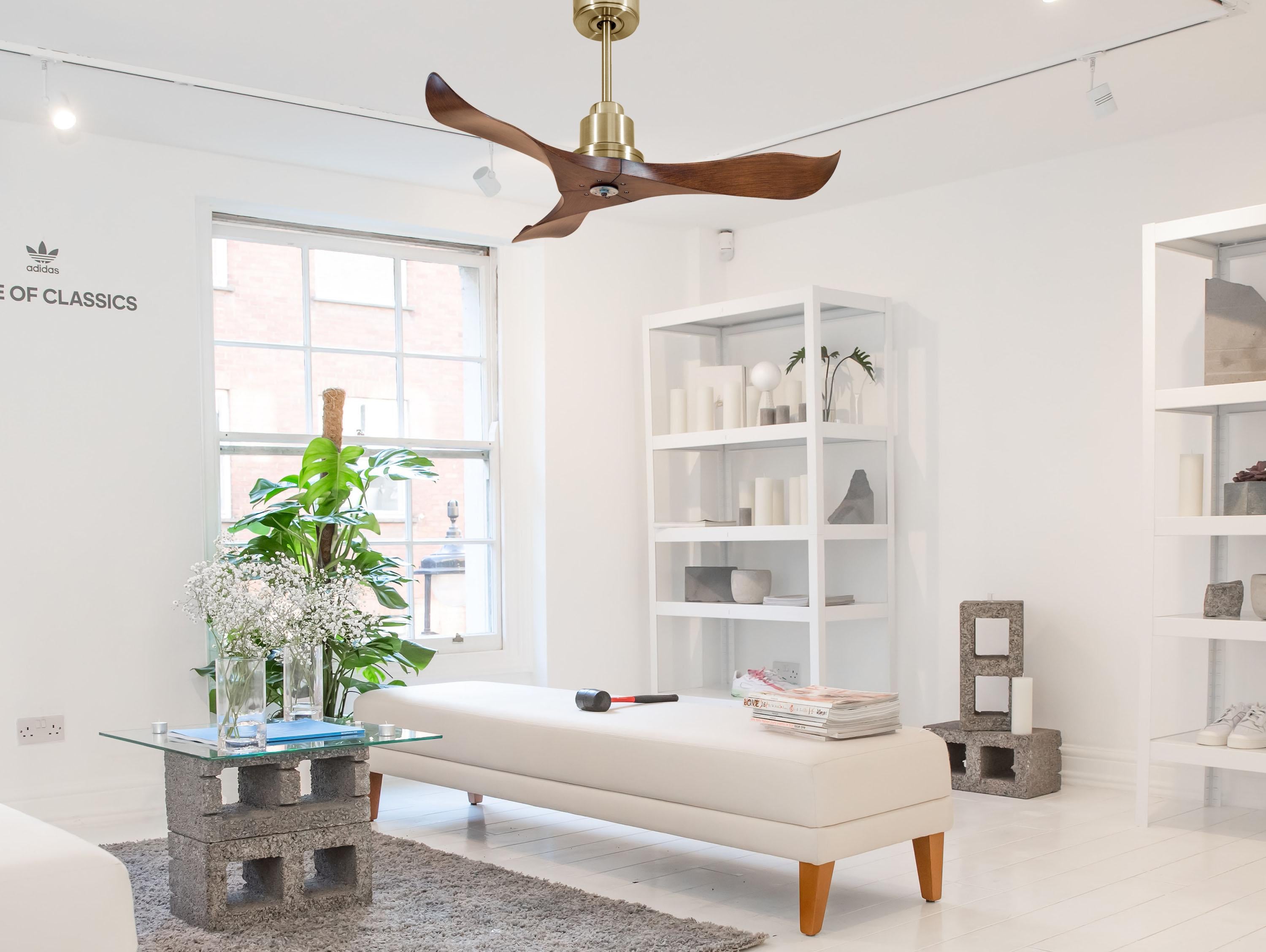 Ventilatore da soffitto Reversibile Termostato Dimmabile Wifi Motore CC Tetti inclinati Telecomando Luce a tre toni Adattatore 2/3 lame Hypersilence Memoria
