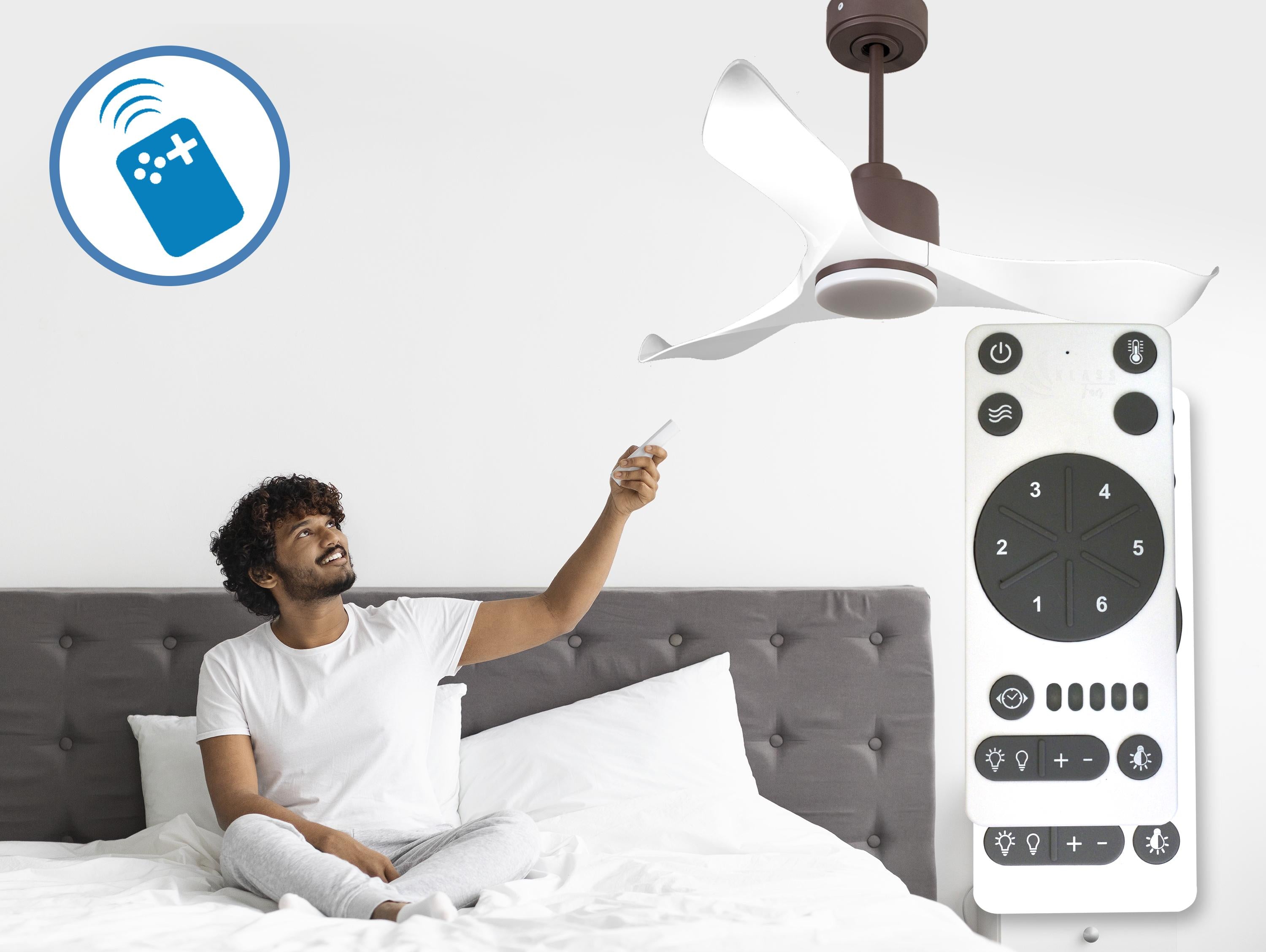Ventilatore da soffitto Reversibile Termostato Dimmabile Wifi Motore CC Tetti inclinati Telecomando Luce a tre toni Adattatore 2/3 lame Hypersilence Memoria