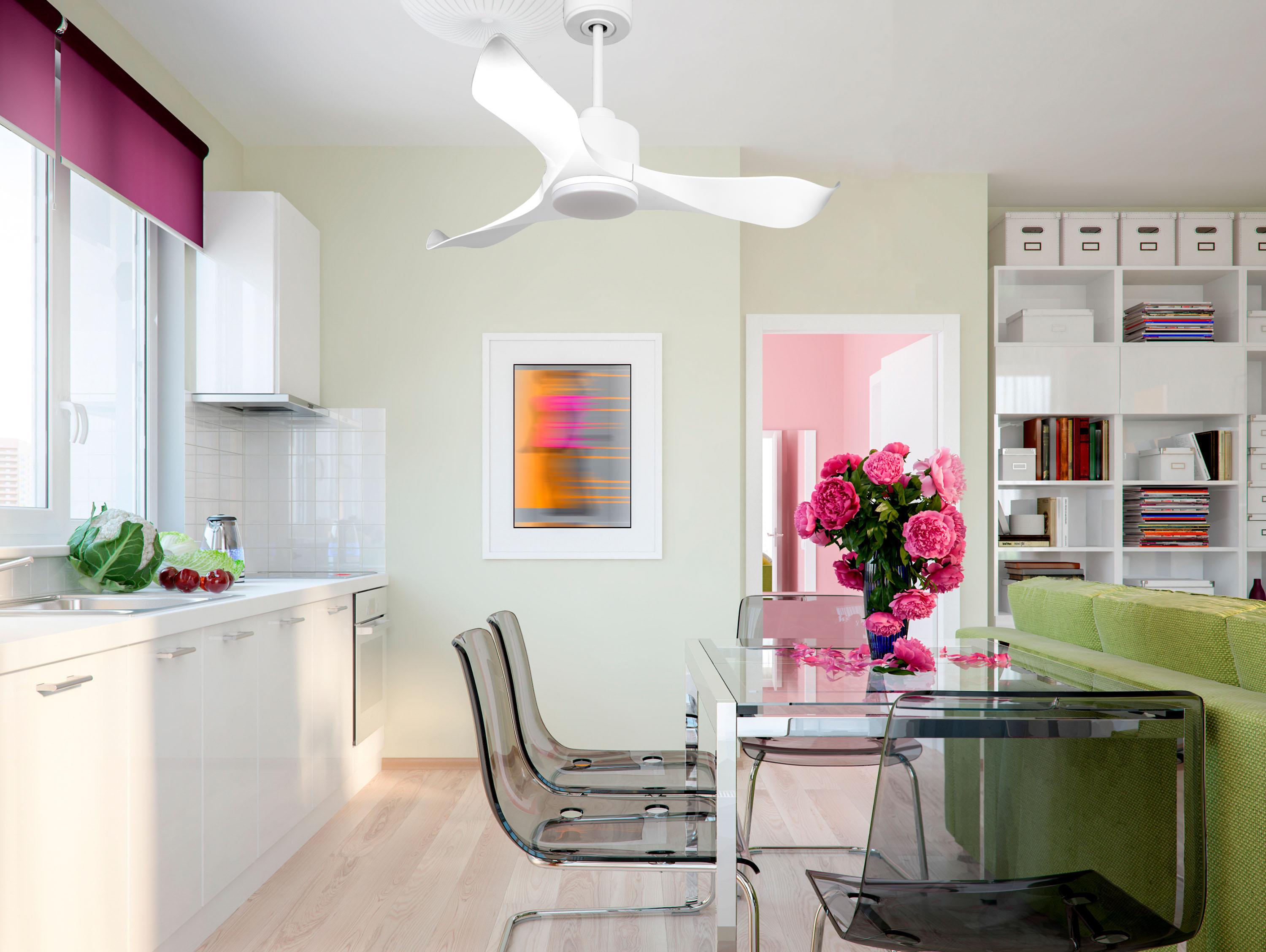 Ventilatore da soffitto Reversibile Termostato Dimmabile Wifi Motore CC Tetti inclinati Telecomando Luce a tre toni Adattatore 2/3 lame Hypersilence Memoria