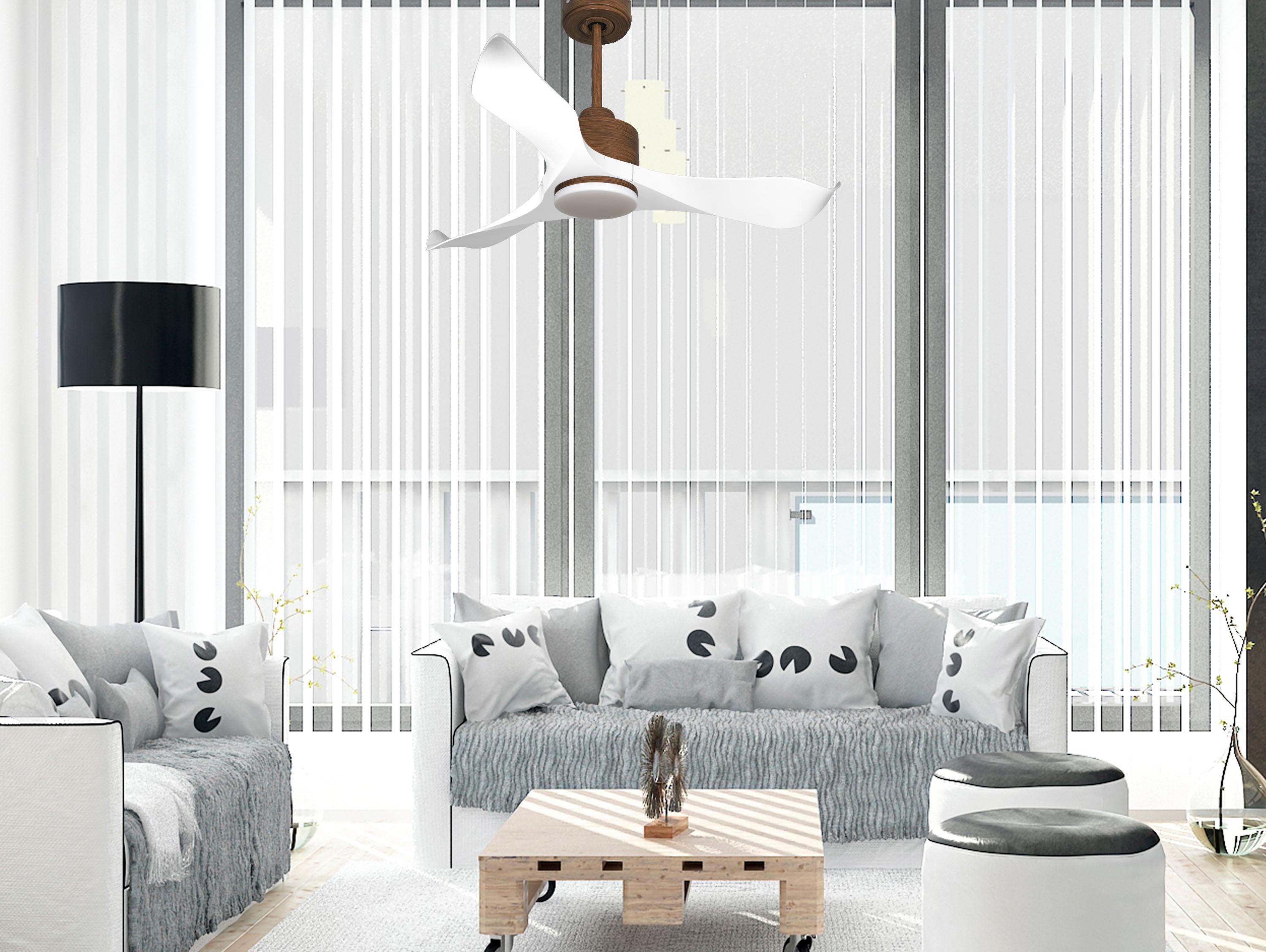 Ventilatore da soffitto Reversibile Termostato Dimmabile Wifi Motore CC Tetti inclinati Telecomando Luce a tre toni Adattatore 2/3 lame Hypersilence Memoria