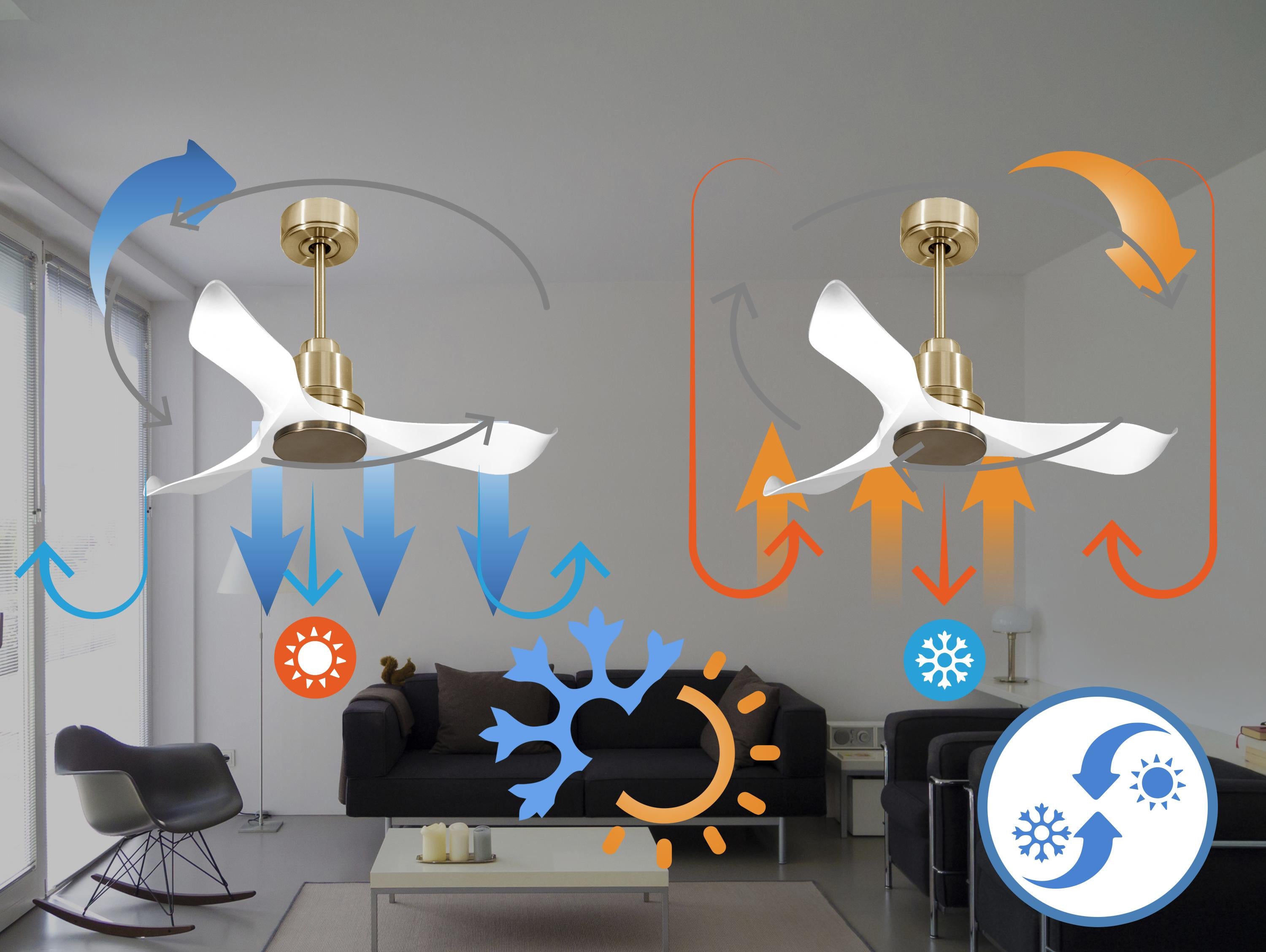Ventilatore da soffitto Reversibile Termostato Wifi Motore CC Tetti inclinati Telecomando Adattatore 2/3 lame Hypersilence Memoria Shopify Vendible (AUTOMATICO)