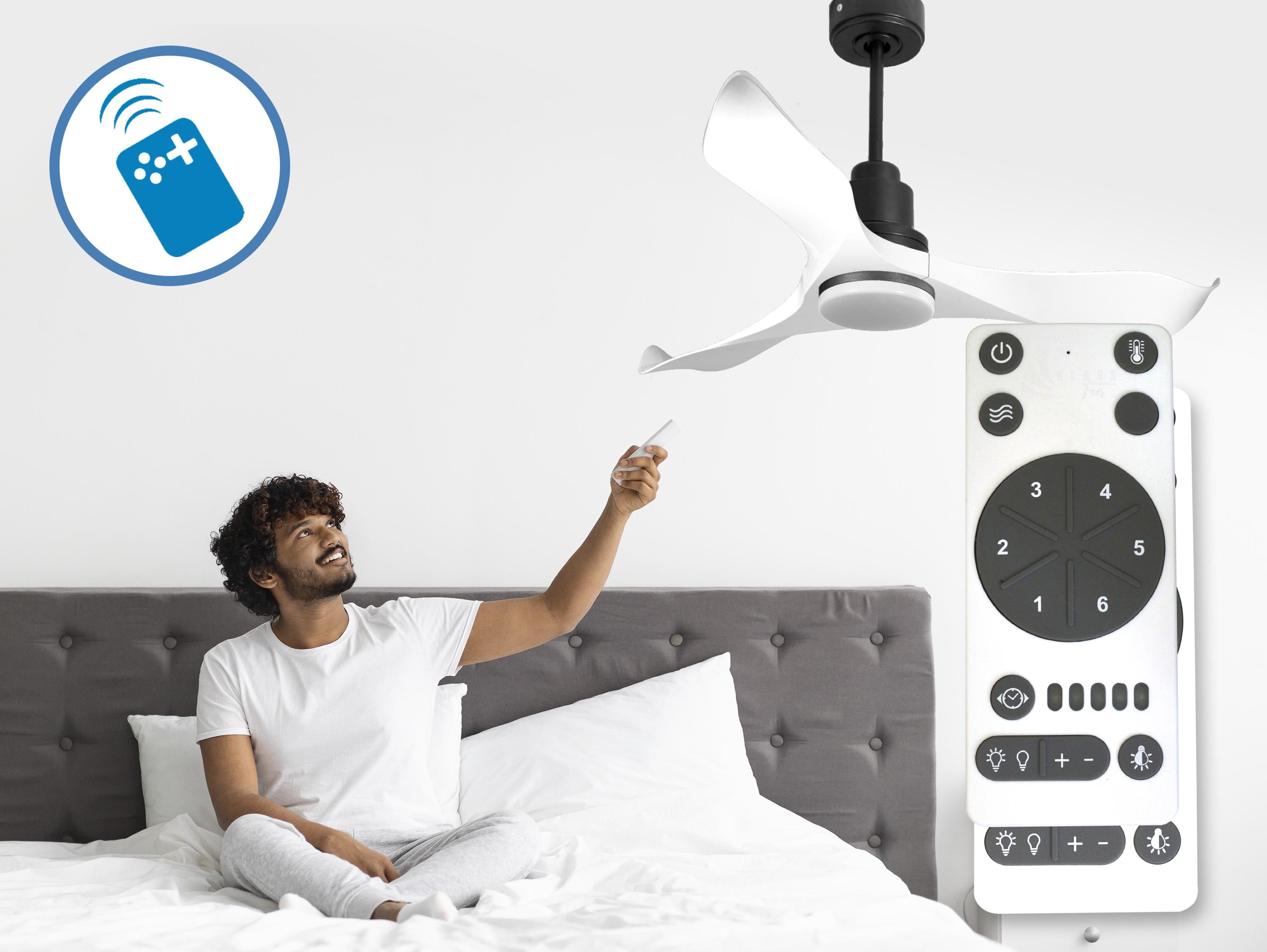 Ventilatore da soffitto Reversibile Termostato Dimmabile Wifi Motore CC Tetti inclinati Telecomando Luce a tre toni Adattatore 2/3 lame Hypersilence Memoria