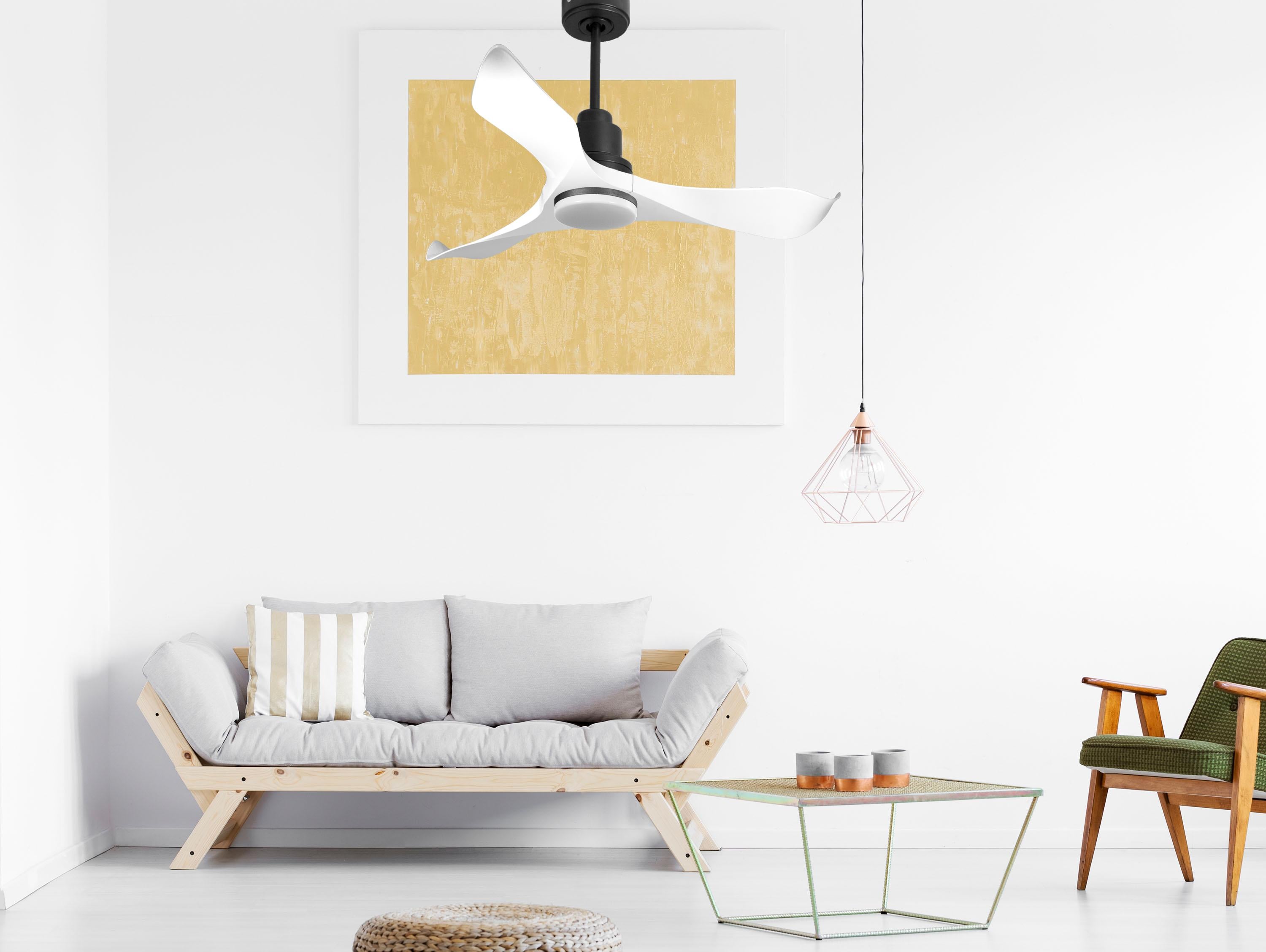 Ventilatore da soffitto Reversibile Termostato Dimmabile Wifi Motore CC Tetti inclinati Telecomando Luce a tre toni Adattatore 2/3 lame Hypersilence Memoria