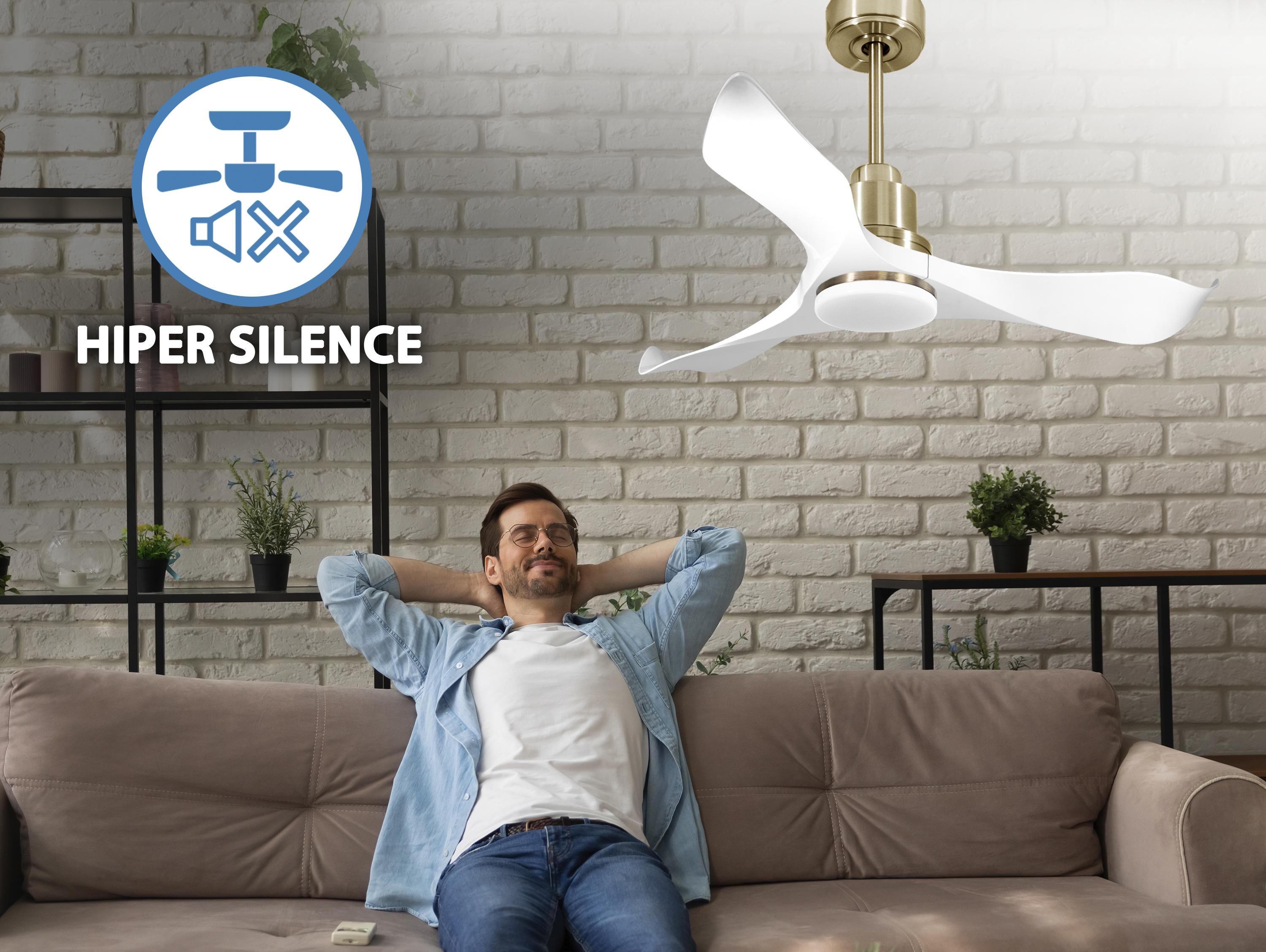 Ventilatore da soffitto Reversibile Termostato Dimmabile Wifi Motore CC Tetti inclinati Telecomando Luce a tre toni Adattatore 2/3 lame Hypersilence Memoria