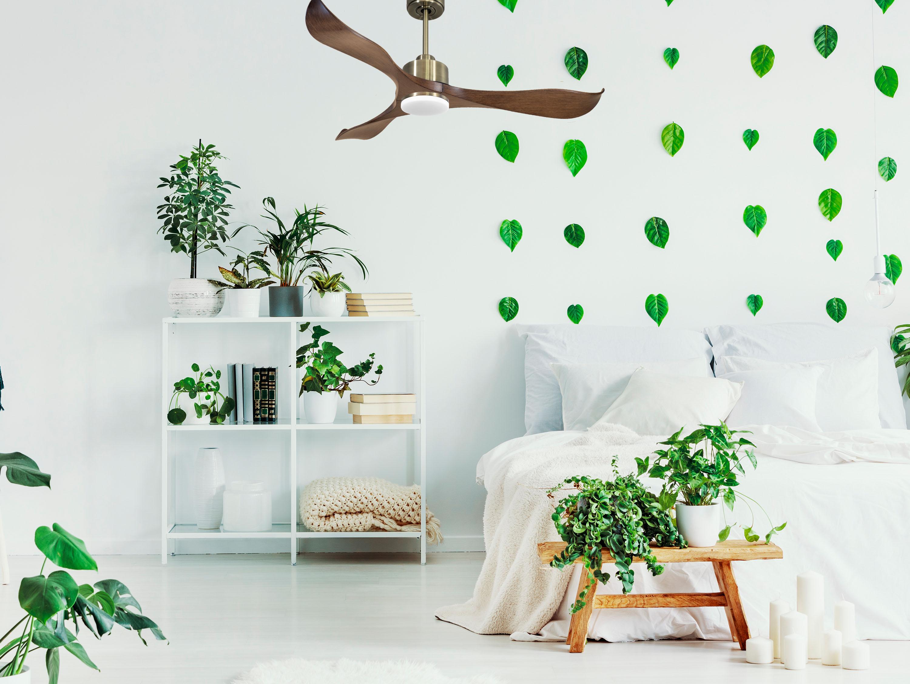 Ventilatore da soffitto Reversibile Termostato Dimmabile Wifi Motore CC Tetti inclinati Telecomando Luce a tre toni Adattatore 2/3 lame Hypersilence Memoria