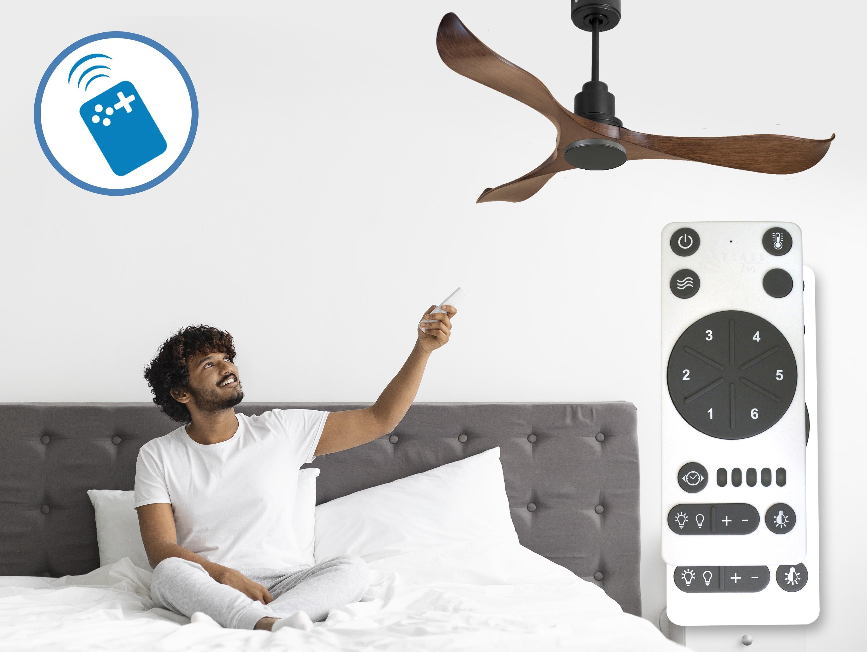 Ventilatore da soffitto Reversibile Termostato Wifi Motore CC Tetti inclinati Telecomando Adattatore 2/3 lame Hypersilence Memoria Shopify Vendible (AUTOMATICO)