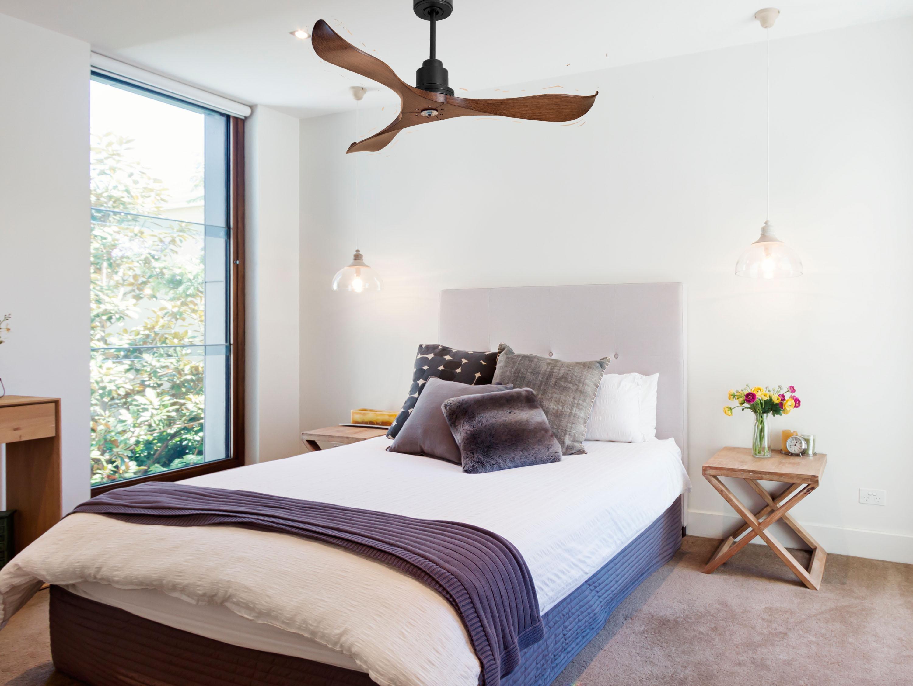 Ventilatore da soffitto Reversibile Termostato Dimmabile Wifi Motore CC Tetti inclinati Telecomando Luce a tre toni Adattatore 2/3 lame Hypersilence Memoria
