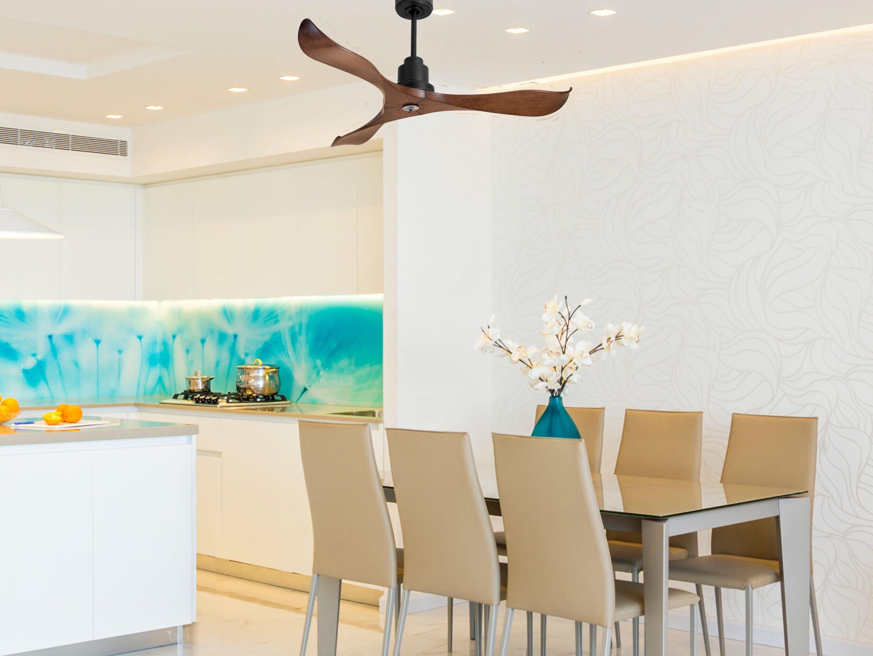 Ventilatore da soffitto Reversibile Termostato Dimmabile Wifi Motore CC Tetti inclinati Telecomando Luce a tre toni Adattatore 2/3 lame Hypersilence Memoria